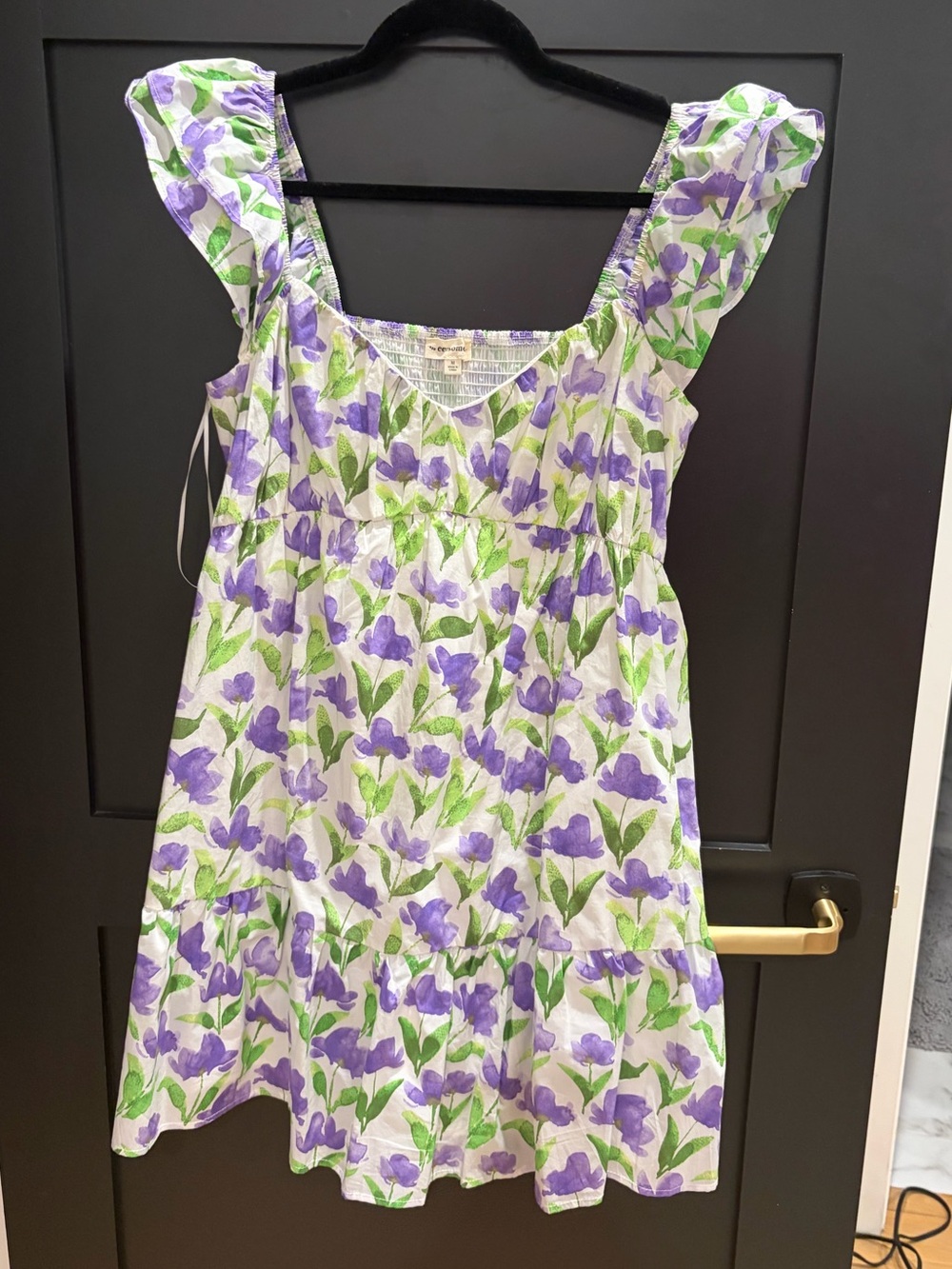eesome Purple & Green Floral Ruffle-Shoulder Mini Dress